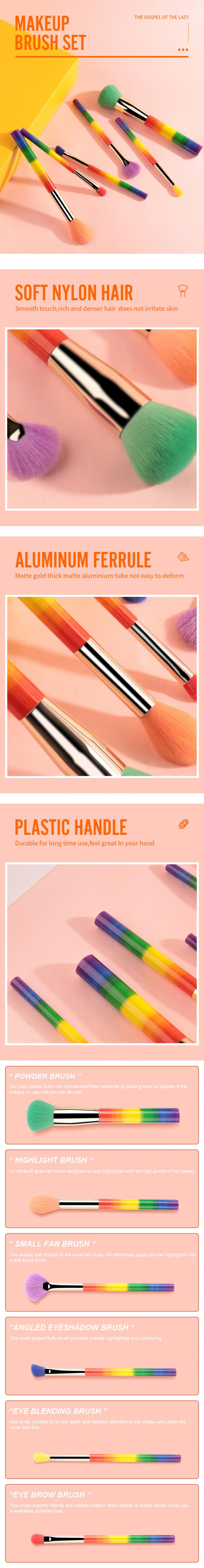 Colourful Handle Synthetic Hair Makeup Brush 6Pcs Aluminum Ferrule
