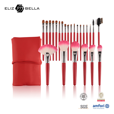 24Pcs Professional Quality Cosmetic Brush Set, Synthetic Bristles And Shiny Wooden Handle