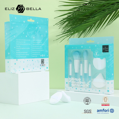 5pcs Travel Makeup Brush Set With Makeup Puff Clear PVC Packaging Box