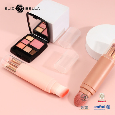Retractable Synthetic Hair Makeup Brushes Plastic Handle With Gold Aluminium Ferrule OEM