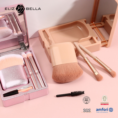 4pcs Mini Brush Set With Mirror , Eyelash Eyeshadow Cosmetic Brush With Plastic Box