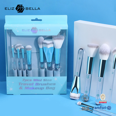 Customizable Travel Makeup Brush Set With Clear Plastic Handle And Aluminium Ferrule PVC Packaging Boxes