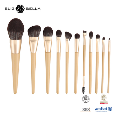 11 Pieces Wooden Handle Beauty Makeup Brush Set Aluminium Ferrule Cosmetic Brushes,Synthetic Hair Brush Set