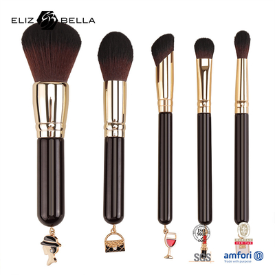 5pcs Customizable Travel Makeup Brush Set Wooden Handle Aluminium Ferrule And 100% Synthetic Hair