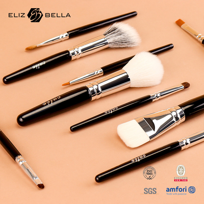 Customize 9pcs Travel Pro Makeup Brushes with Black Wooden Handle and Aluminium Ferrule