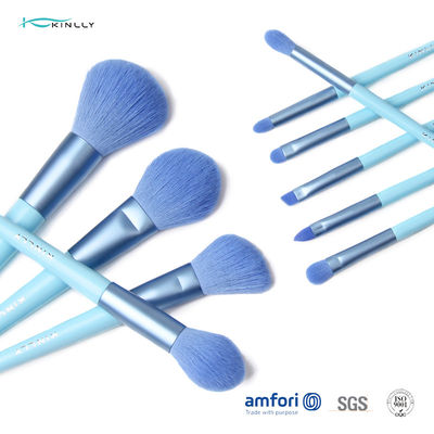 Blue 10pcs Aluminum Ferrule Travel Makeup Brush Set