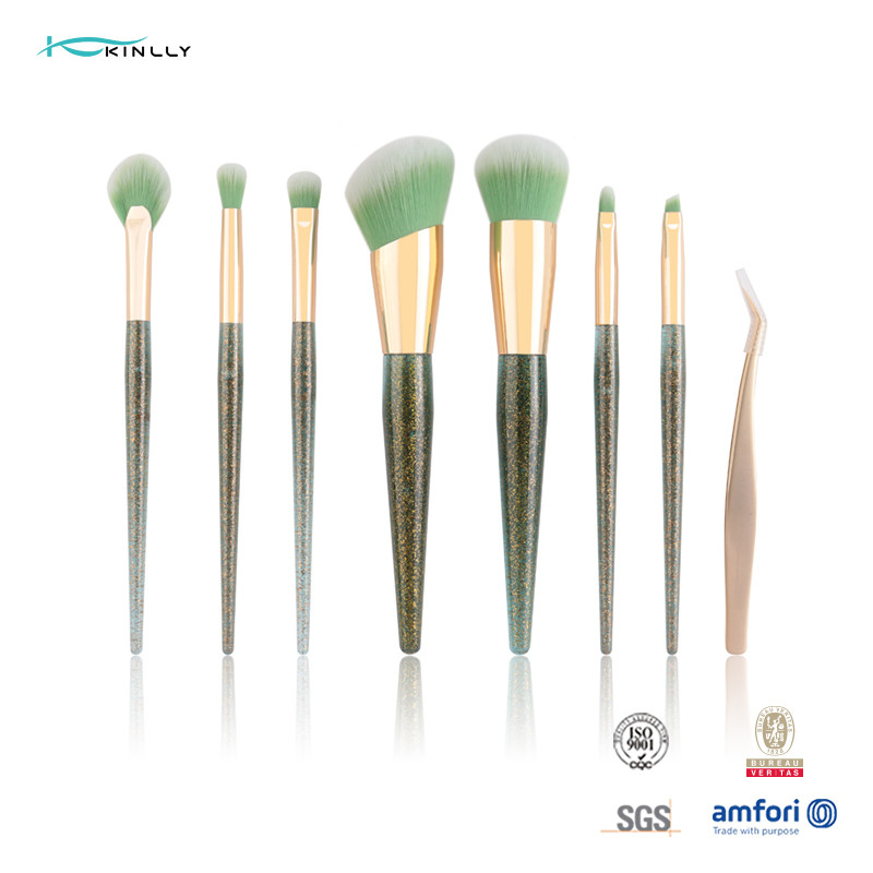 Private Label 7pcs Makeup Brush Set Green Color Plastic Handle With Beauty Tweezers