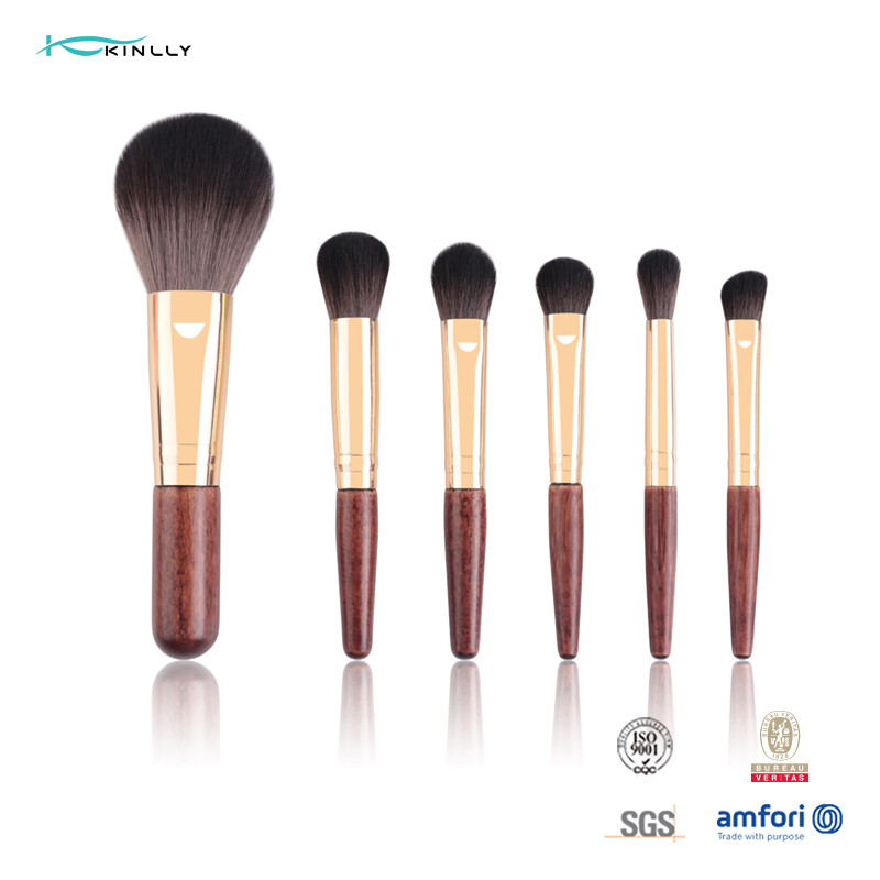 6PCS Short Wooden Handle Makeup Brush Set Synthetic Hair Rose Gold Ferrule