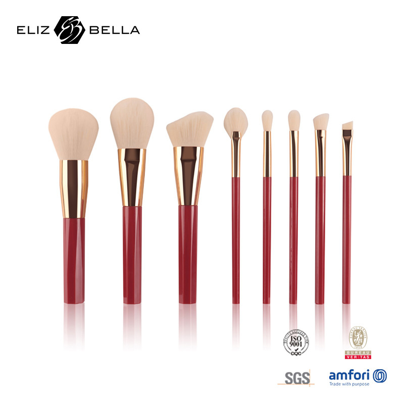 8pcs Red Plastic Handle Makeup Brush Rose Gold Ferrule 100% Syntheitc Hair OEM
