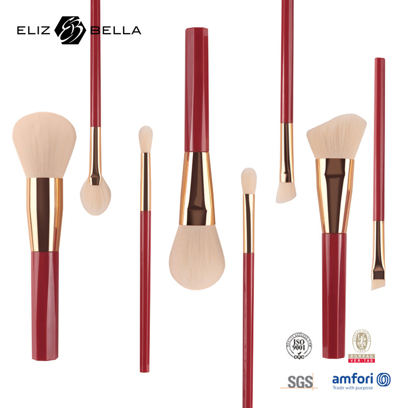 Private Label 8 Piece Makeup Brush Set Red Plastic Handle Rose Gold Ferrule Synthetic Hair