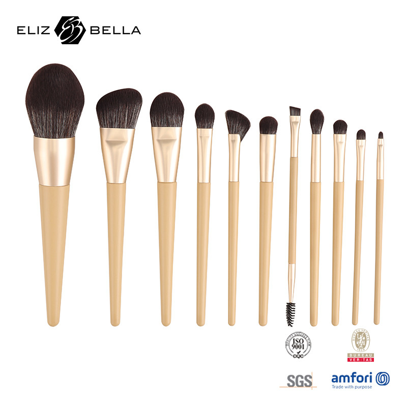 11 Pieces Wooden Handle Beauty Makeup Brush Set Aluminium Ferrule Cosmetic Brushes,Synthetic Hair Brush Set