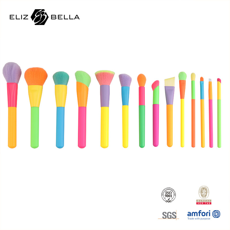 14pcs Customized Design Makeup Brush Set Colorful Handle and Aluminium Ferrule Included