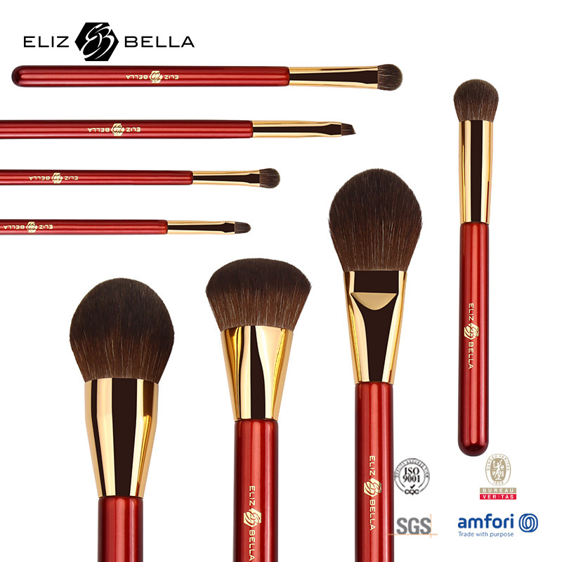 Red Wooden Handle Cosmetic Brush With Synthetic Hair Makeup Brushes With Gold Aluminium Ferrule
