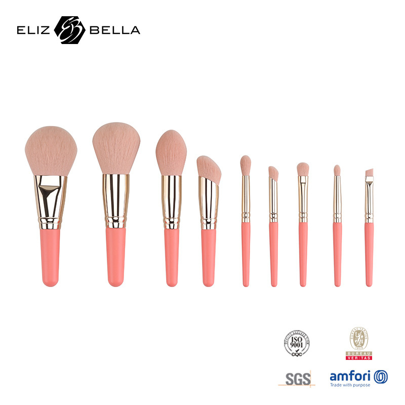9PCS Cute Makeup Brushes Set with Customize Short Wooden Handle 100% Synthetic Hair Private Label OEM