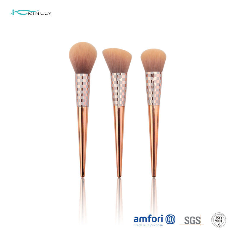 Rose Gold Fiber Bristles 3pcs Wooden Handle Makeup Brushes