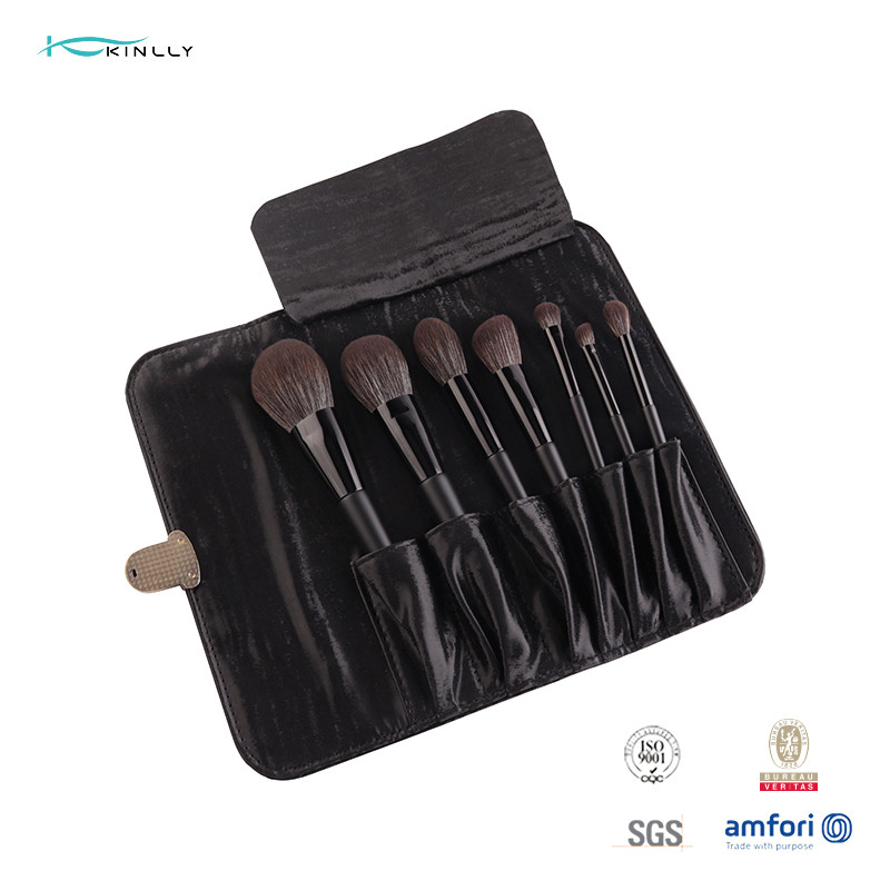 Synthetic Goat Hair Black Ferrule 7 Piece Makeup Brush Set WIth Cosmetic Bag